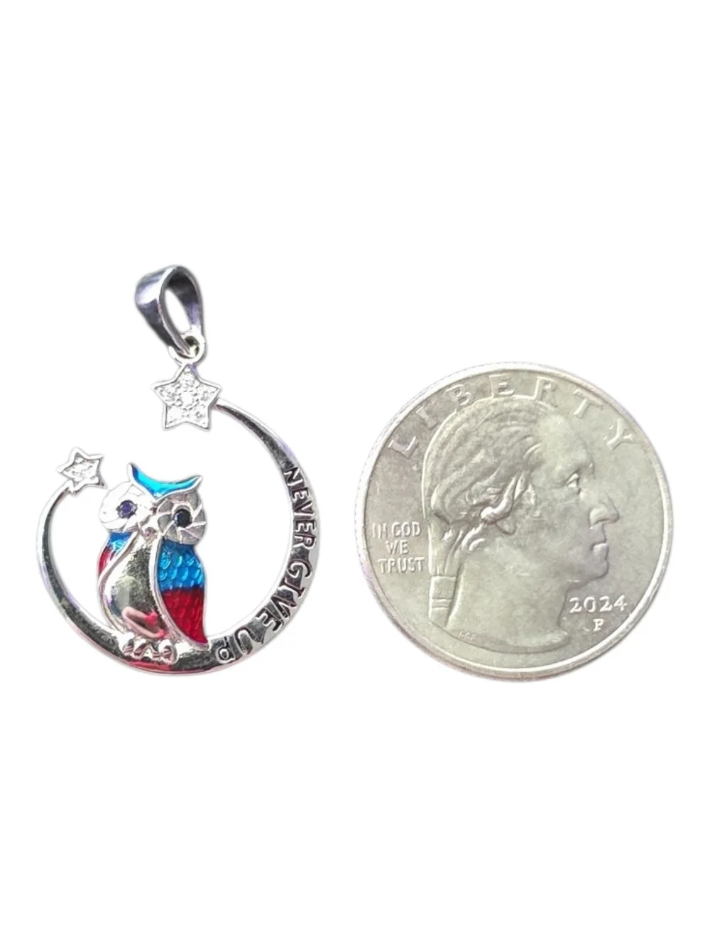 Sterling Silver Owl Pendant Necklace Charm with Blue & Red Enamel Inspirational